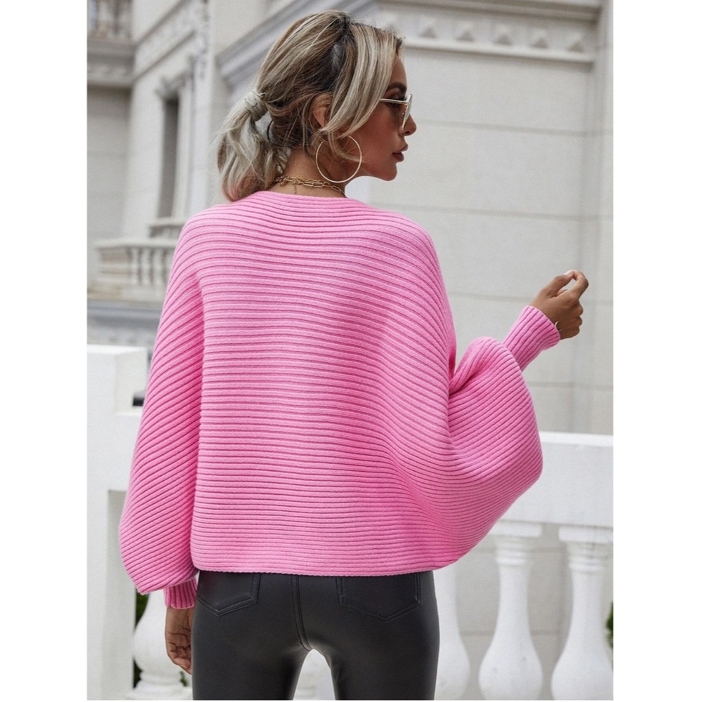 Pink Boat Neck Batwing Oversized Sleeves Knit Sweater - Picture 2 of 9